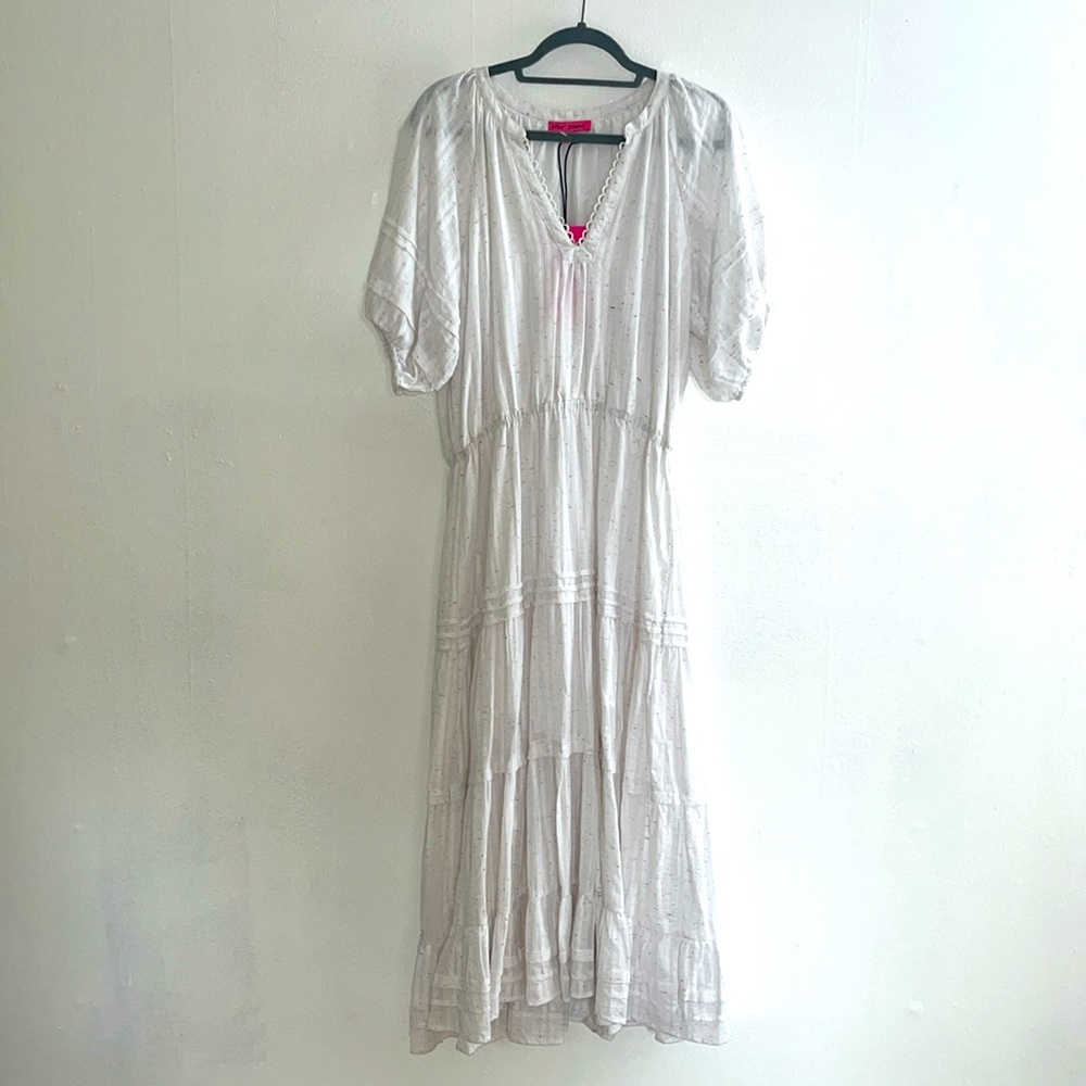 NWT BETSEY‎ JOHNSON White V-Neck Bubble Sleeve Tiered Skirt Maxi Dress Sz XL
